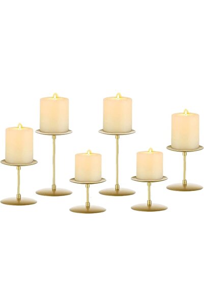 Romadedi Pillar Candle Holders Candelabra Gold - Set of 6 Candle Stand Iron P...