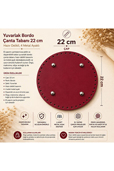 Kanguroom Round Burgundy Bag Base - 22 cm with Pre-Drilled Holes - 4 Metal Legs