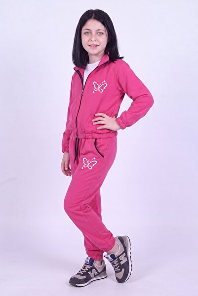 FYK KİDS Girl's Butterfly Printed Stand Collar Double Pocket Zippered Tracksu...
