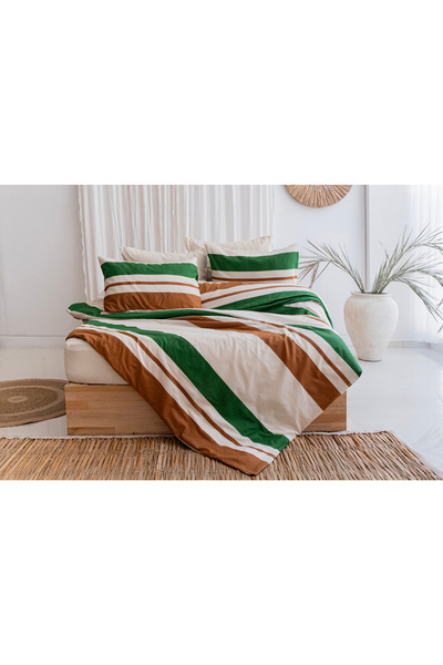 BESTİNA GOLD Zade Striped Double Duvet Cover Set (with Elastic Sheets)