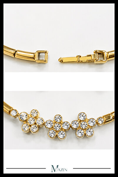 MAZEN VIP Özel Tasarım Zirkon Taşlı Üçlü Çiçek Detaylı Gold Choker Kolye