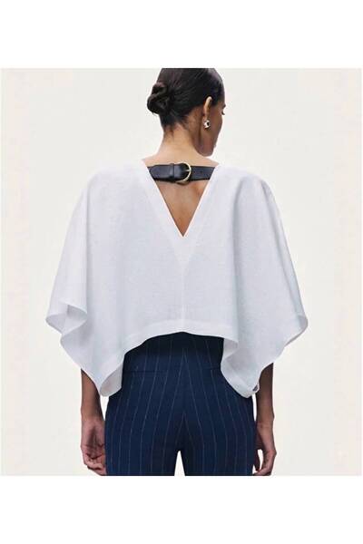 Olbia Women's White Linen Look Short Blouse with Belt Detail