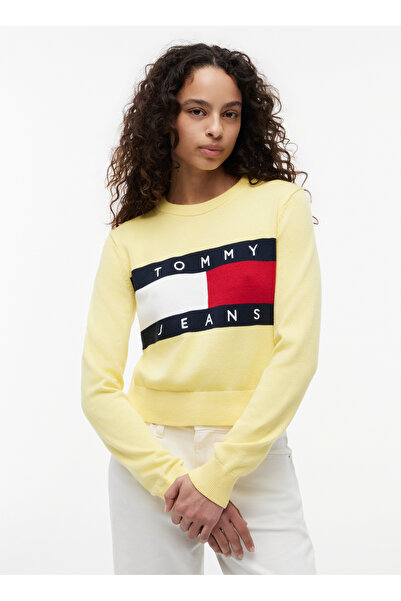 Tommy Jeans Sarı Kadın Bisiklet Yaka Logo Baskılı Kazak DW0DW22930ZF0