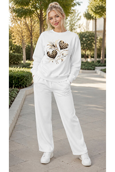 TREND EMMODA Women's Feather Detailed Leopard Heart Printed Tracksuit Set/Rou...