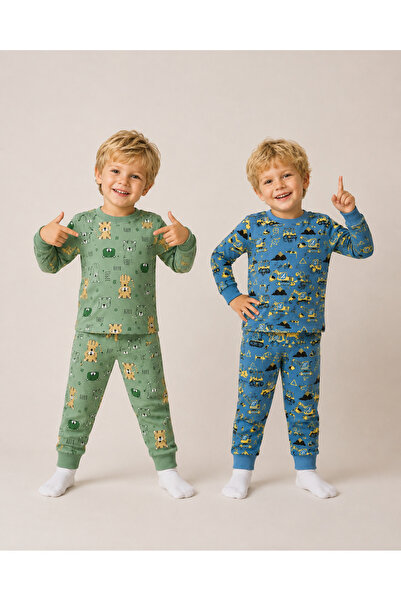 2 Erkek Çocuk Desenli Pijama Takımı | Kaplan ve İş Makinesi Desenli, Pamuklu, Mevsimlik, Konforlu, %100 Pamuk 3-6 yaş