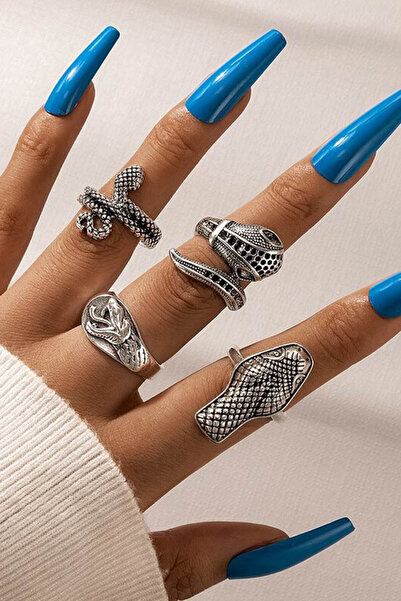 VeeShop Σετ 4 δαχτυλιδιών boho, με εμπλεγμένα φίδια, κεφάλι φιδιού, μενταγιόν...