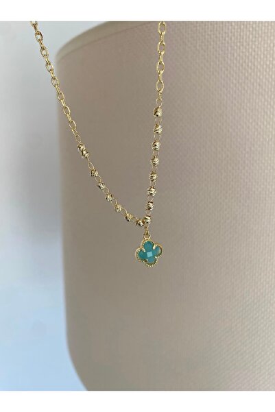 Bade Jewelry Fd Vip Gold Dorical Chain & Blue Clover Detailed Anti-Tarnish St...