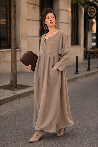 EREN STYLE Italian Buttoned Long Sleeve Linen Dress