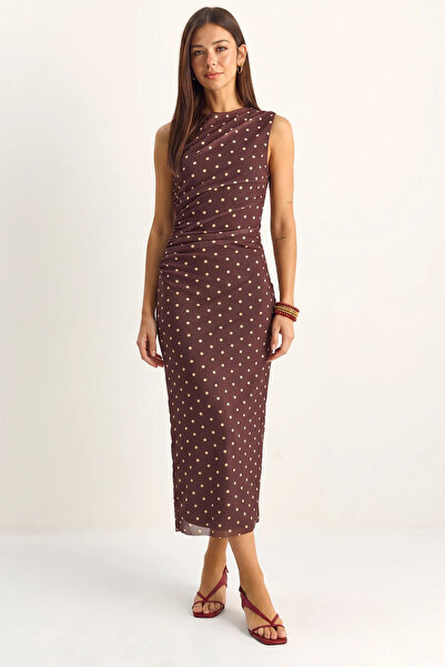 Efnaz style Women's Draped Polka Dot Lined Midi Bitter Brown Dress