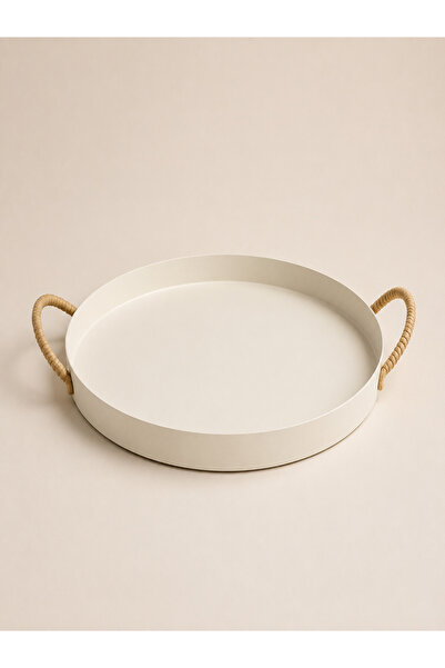 Mony moon Matte Off-White Metal Round Serving & Entertaining Tray with Bohemi...