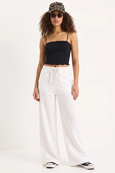 Efnaz style Women's Linen Palazzo White Trousers with Elastic Waist and Pocke...