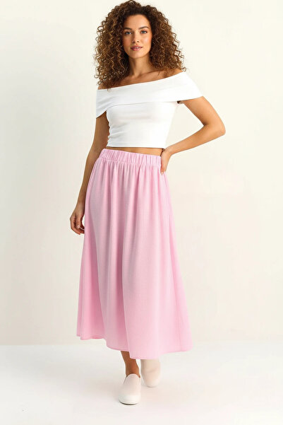 Generic Brand Women's Draped Maxi Pink Skirt with Elastic Waist and Pocket De...