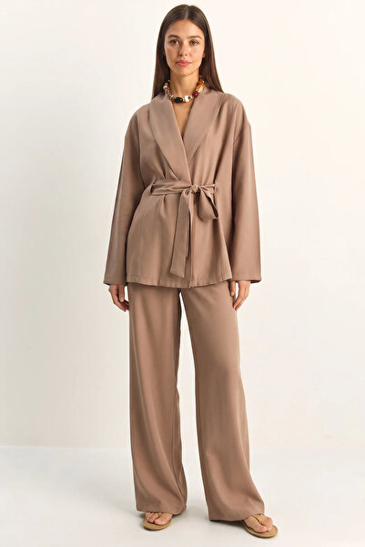 Efnaz style Women's Belted Kimono with Elastic Waist, Pocket Detail, Loose Pa...