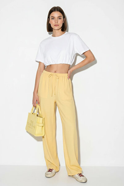Efnaz style Women's Cotton Elastic Waist Loose Yellow Trousers with Pocket De...