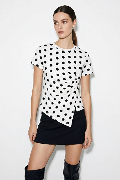ALFA AKSESUAR 03 Women's Polka Dot Patterned Crew Neck Draped Asymmetrical Cu...