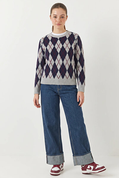 Efnaz style Women's Crew Neck Diamond Patterned Knitwear Gray Navy Blue Sweater