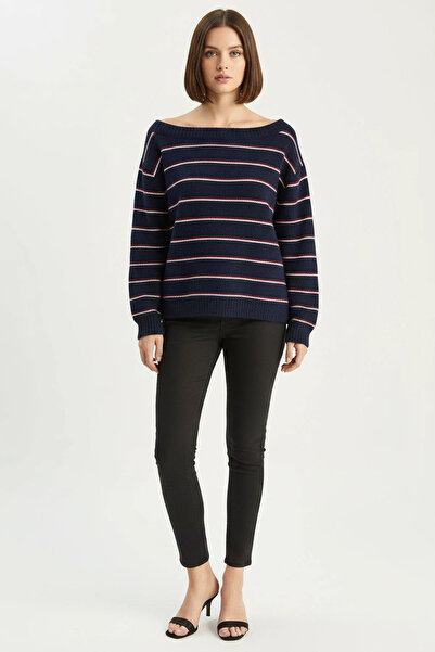 Efnaz style Women's Bardot Collar Striped Knitwear Navy Blue Burgundy Sweater