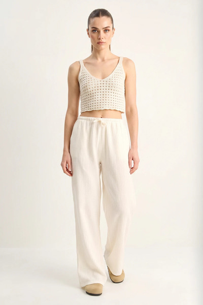 Efnaz style Women's Lace-Up Elastic Waist Muslin Wide-Leg Cream Trousers