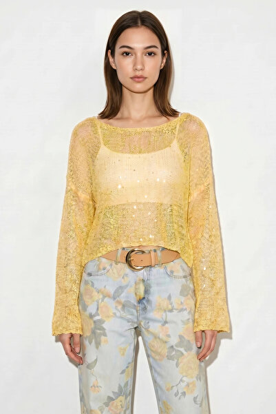 Efnaz style Women's Boat Neck Sequined Mesh Textured Bat Sleeve Crop Yellow B...