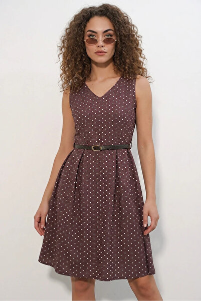 Generic Brand Women's V-Neck Belted Polka Dot Brown Dress
