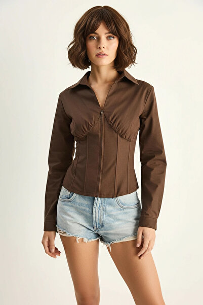 Efnaz style Women's Corset Detailed Back Tie Zippered Bitter Brown Shirt