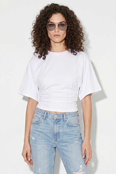 Generic Brand Women's Waist-Fitted Wide-Sleeve Natural Viscose White Blouse
