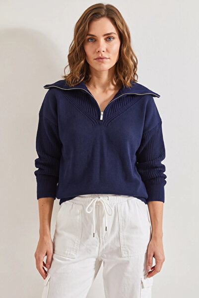 Efnaz style Women's Turtleneck Zippered Knitwear Navy Blue Sweater