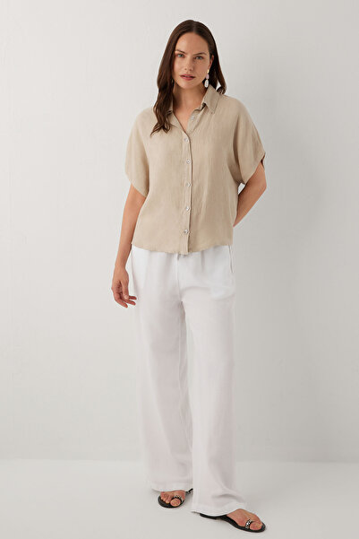 İpekçi Otantik Woven Flora Textured Tencel Oversize Shirt Mink