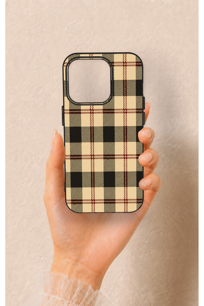 Vip Case iPhone 15 Pro Uyumlu Krem Ekose Desenli Silikon Kılıf