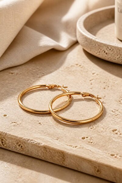 LYKOS Gold Color 36 mm Plain Steel Classic Hoop Earrings - Minimalist Clip-On...