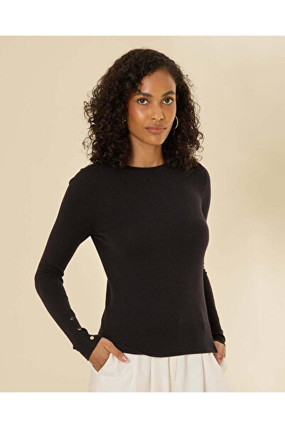 REDTAG Women Black Sleeve Button Detail Pullover