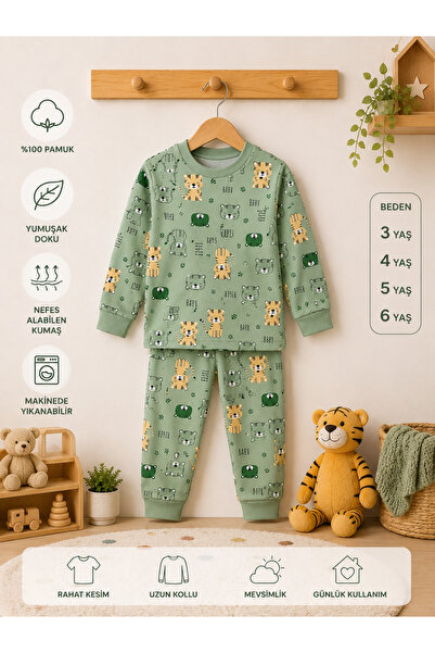 Erkek Çocuk 3-6 Yaş %100 Pamuk 2'li Mevsimlik Pijama Takımı | Uzun Kollu Desenli Pijama Seti | Kaplan & İş Makinesi