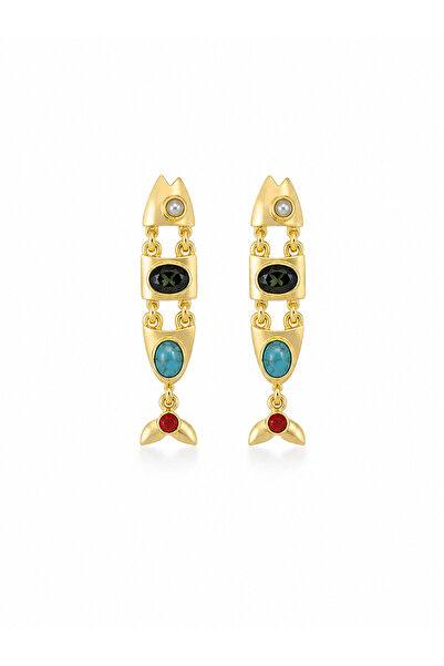 stravis Steel Color Stone Detailed Fish Earrings