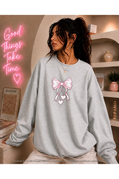 caddekombin Women's Heart Pink Ribbon Printed Round Neck Long Sleeve Sweatshirt
