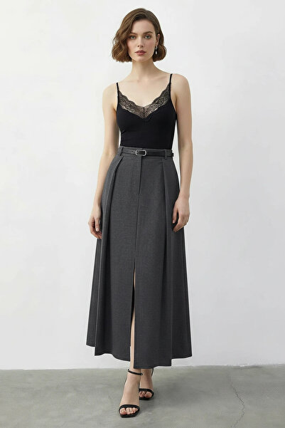 Efnaz style Women's Pleated Detailed Belted Slit Midi Length Anthracite Skirt