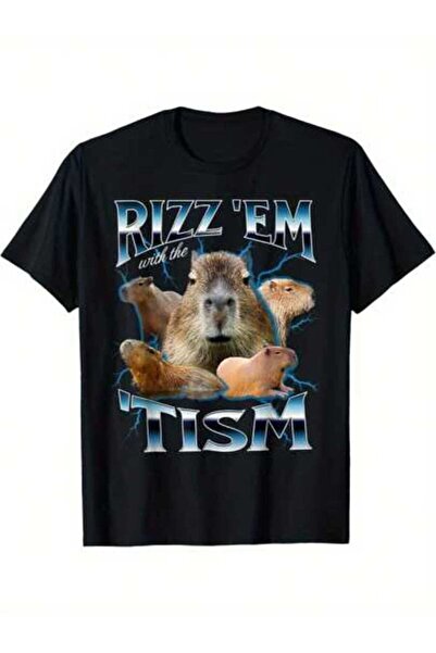 21JNRY تي شيرت Rizz Em With The Tism Capybara المضحك، تي شيرت قطني أنيق للرجا...