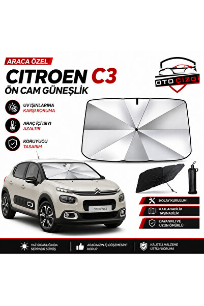 Oto Çizgi Citroen C3 Şemsiye Tip Ön Cam Güneşliği Katlanabilir UV Korumalı Ar...
