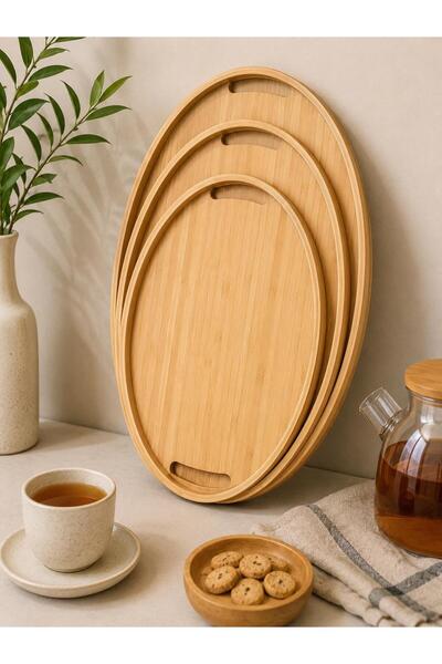 ALBETTO 3-Piece Oval Bamboo Tray, Serving Presentation Tray