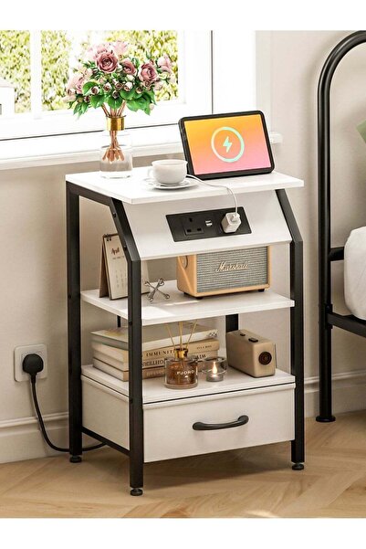 SHEIDLIN 3-Tier Nightstand with Charging Station (2 USB Ports & 2 Outlets), A...
