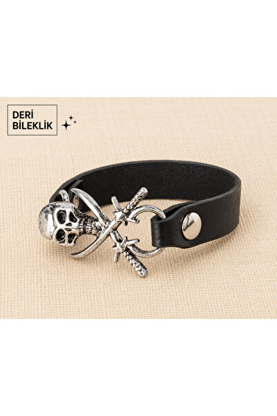 DREAMIOGIFTANDBOX Erkek Suni Deri Bileklik Kuru Kafa Gotik Kılıç Metal Detayl...