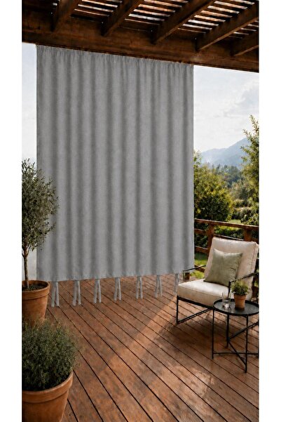 SHY TEKSTİL Anthracite Lace-Up Balcony Curtain with Top Cornice, Outdoor Curt...