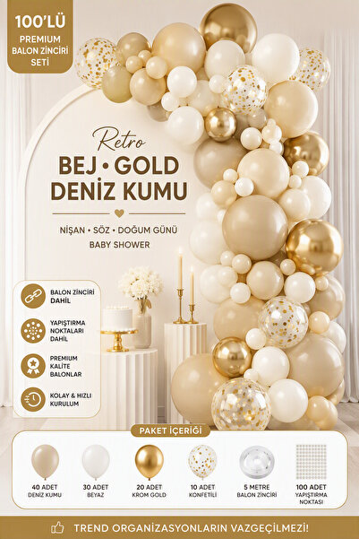 BEY AMBALAJ 100Pcs Sea Sand White Gold Chrome Balloon Chain Set April Fool's ...
