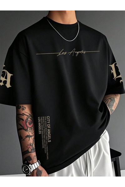 ZAVIXO Μπλουζάκι Unisex με στάμπα κειμένου Los Angeles, με λεπτομέρεια στα μα...