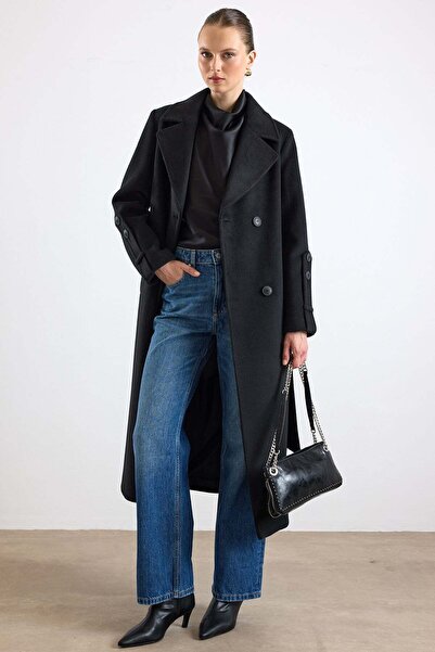 Olcay Exclusive Coat with Punto Stitching and Patch Detail Black 3174