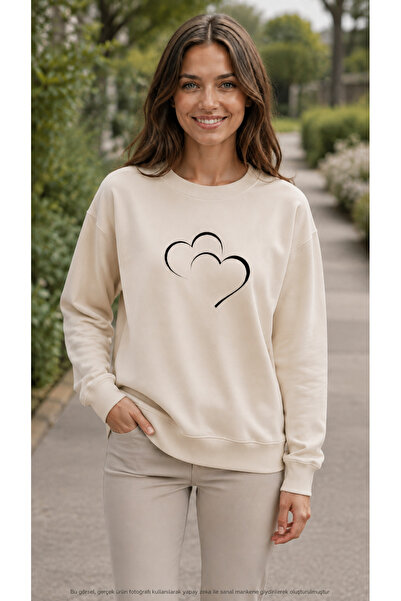 caddekombin Women's Double Heart Printed Round Neck Long Sleeve Sweatshirt