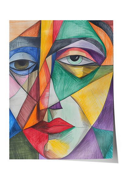 Zestia Modern Cubist Art Premium Poster, Geometric Portrait in Green Tones, N...