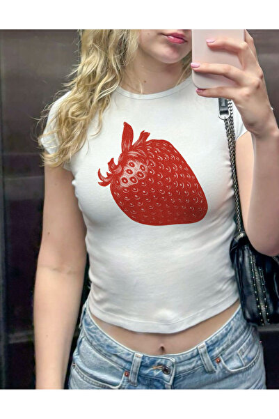 designedfy Kadın Çilek Baskılı Pamuklu Likralı Crop Beyaz