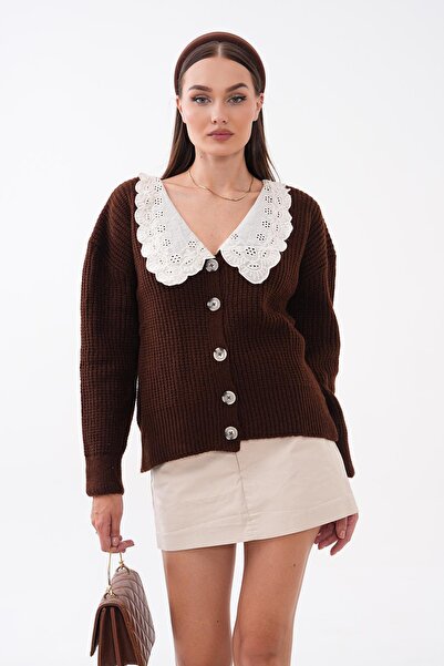 ŞİMAL Women's Lace Collared Button Closure Knitted Cardigan 265030