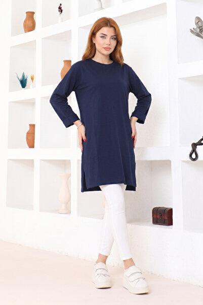nacar çarşı Women's Navy Blue Oversize Tunic T-Shirt – Long Sleeve, Round Nec...