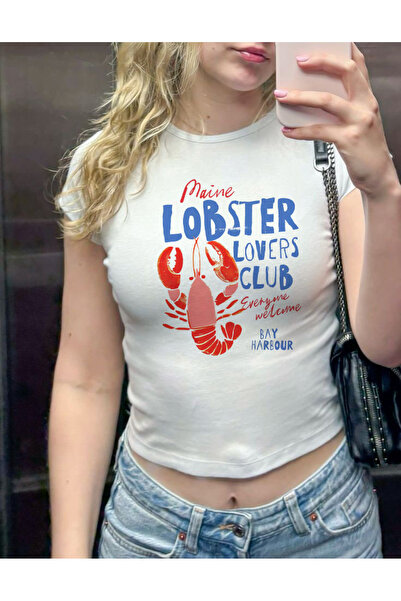 designedfy Kadın Main Lobster Baskılı Pamuklu Likralı Crop Beyaz